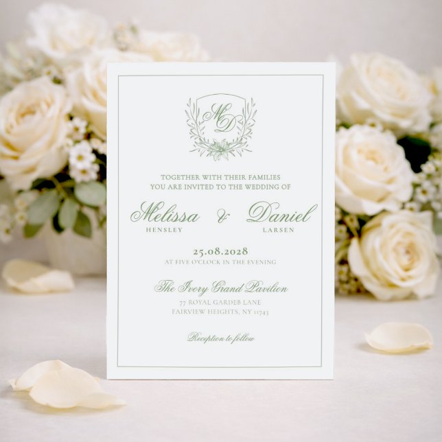 Elegant Sage Green Botanical Crest Wedding Einladung (Von Creator hochgeladen)