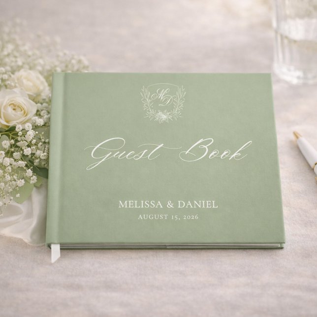 Elegant Sage Green Botanical Crest Wedding Gästebuch (Von Creator hochgeladen)