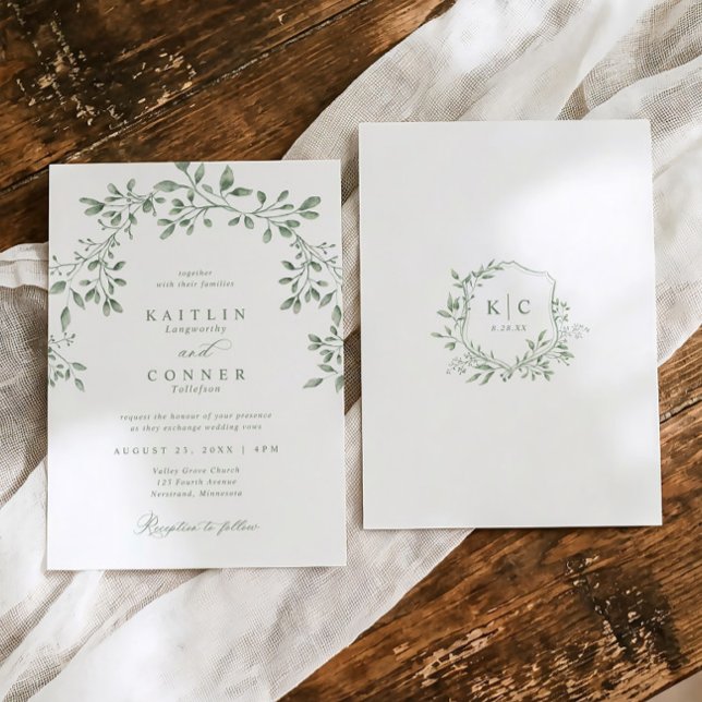 Elegant Sage Green Botanical Garden Wedding Einladung (Elegant garden wedding invitation in sage green with watercolor greenery and crest on back)
