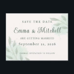 Elegant Sage Green Botanical Wedding Save the Date Ankündigungspostkarte<br><div class="desc">Announce your special day with this elegant sage green botanical Save the Date card. Featuring soft watercolor greenery and minimalist typography, this design brings a fresh and timeless look to your wedding announcement. Perfect for garden, rustic, or nature-inspired weddings, it helps you share your exciting news in a stylish way....</div>