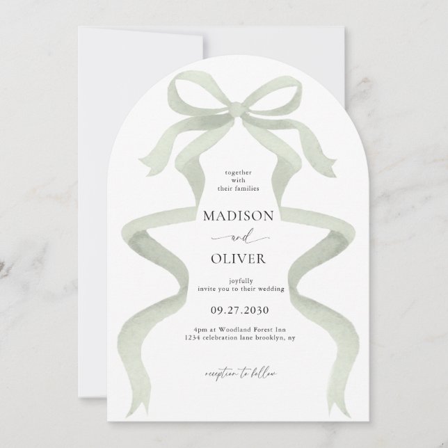 Elegant Sage Green Bow Monogram Arch Wedding Einladung (Vorderseite)