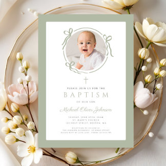 Elegant Sage Green Bow Photo Baptism Einladung