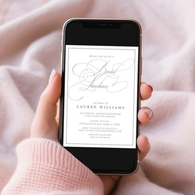 Elegant Sage Green Calligraphy Bridal Luncheon Einladung (Von Creator hochgeladen)