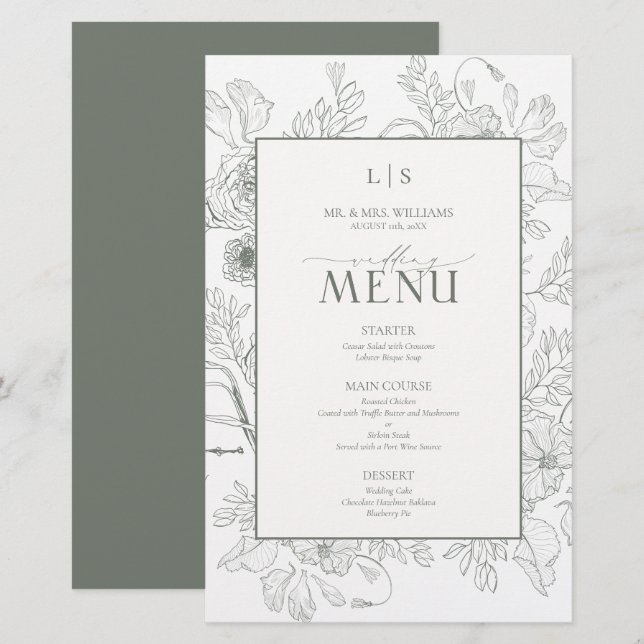 Elegant Sage Green Calligraphy Monogram Menu Card (Devant / Derrière)