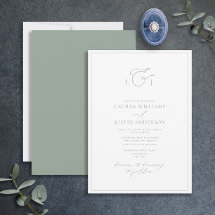 Elegant Sage Green Calligraphy Monogram Wedding Einladung