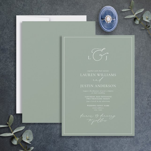 Elegant Sage Green Calligraphy Monogram Wedding Einladung (Von Creator hochgeladen)