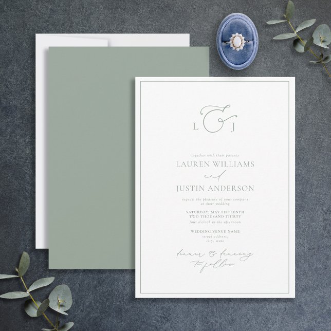 Elegant Sage Green Calligraphy Monogram Wedding Einladung (Von Creator hochgeladen)