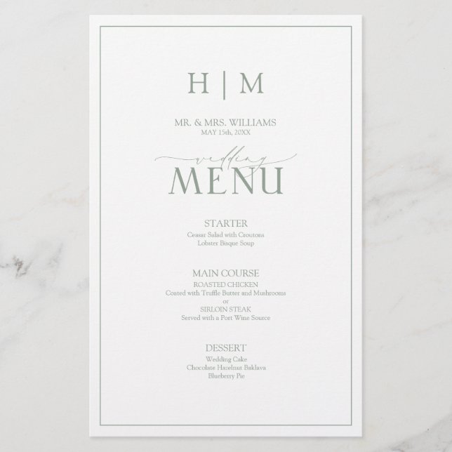 Elégant Sage Green Calligraphy Monogramme Menu (Devant)