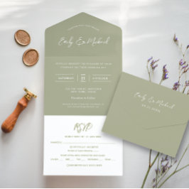 Elegant Sage Green Calligraphy Wedding All In One Einladung