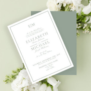 Elegant Sage Green Classic Script Monogram Wedding Einladung