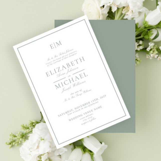 Elegant Sage Green Classic Script Monogram Wedding Einladung (Von Creator hochgeladen)