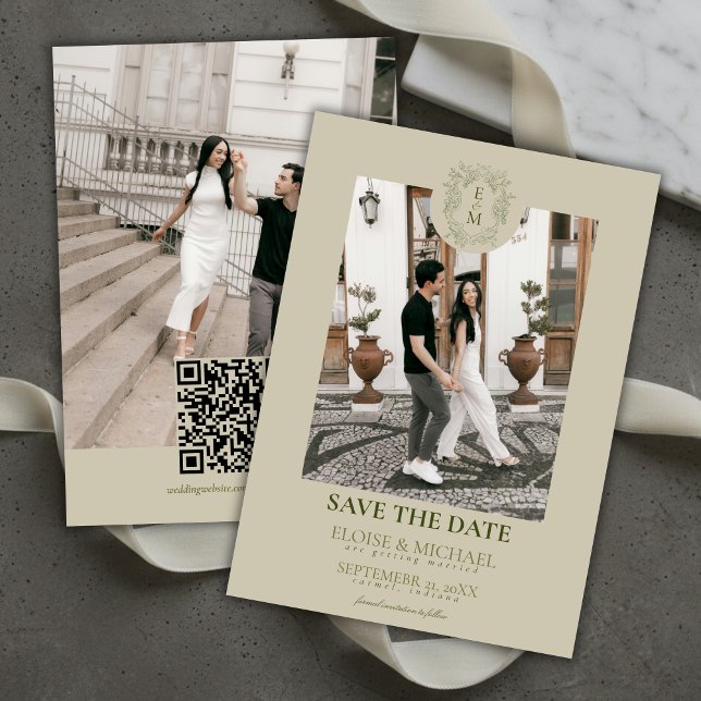 Elegant Sage Green Crest Monogram Save The Date  Einladung (Elegant Sage Green Crest Monogram Save The Date Invitation)