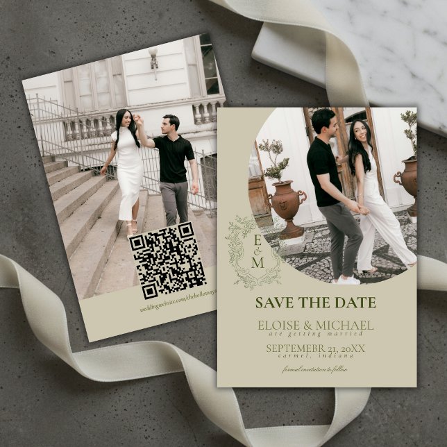 Elegant Sage Green Crest Monogram Save The Date  Einladung (Elegant Sage Green Crest Monogram Save The Date Invitation)