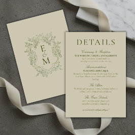 Elegant Sage Green Crest Monogram Wedding Details Begleitkarte