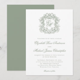 Elegant Sage Green Crest Monogram Wedding Einladung