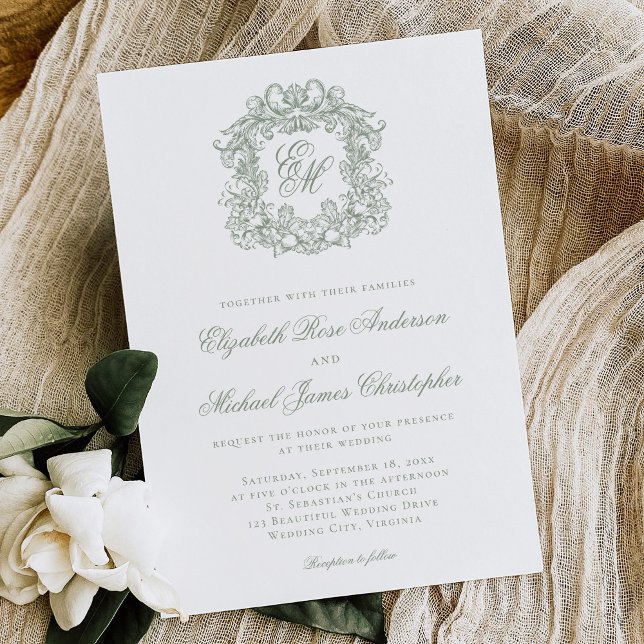 Elegant Sage Green Crest Monogram Wedding Einladung (Von Creator hochgeladen)