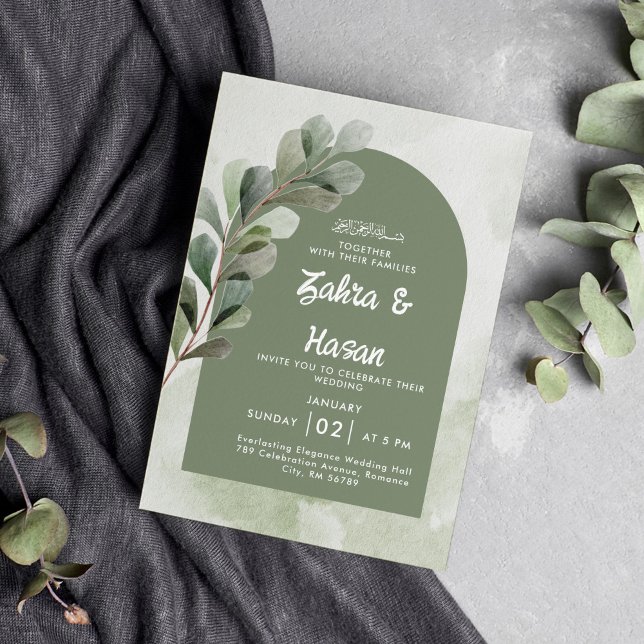 Elegant Sage Green Eucalyptus Muslim Wedding Einladung (Von Creator hochgeladen)