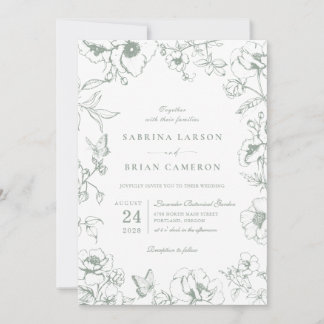 Elegant Sage Green Floral Garden Wedding Photo Einladung