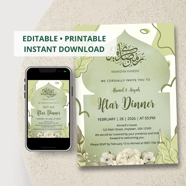 Elegant Sage Green Floral Iftar Dinner Invitation (Créateur téléchargé)