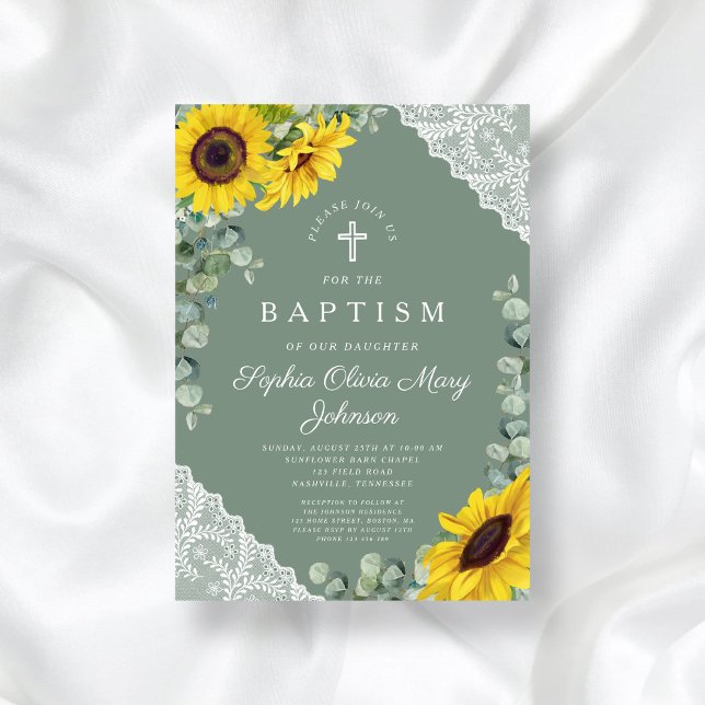 Elegant Sage Green Floral Religiöse Taufe Einladung (Elegant Sage Green Floral Religious Baptism Invitation)