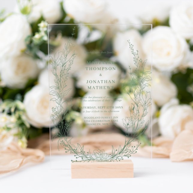Elegant Sage Green Floral Wreath Monogram Wedding Acryleinladungen (Von Creator hochgeladen)