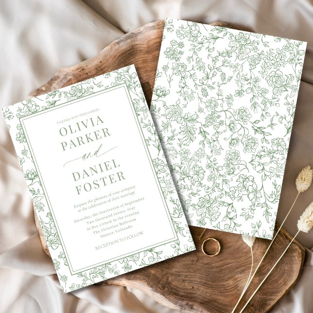 Elegant Sage Green French Floral Toile Einladung (Von Creator hochgeladen)