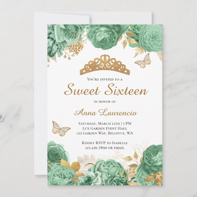 Elegant Sage Green Gold Floral Sweet 16 Sechzehn Einladung (Vorderseite)