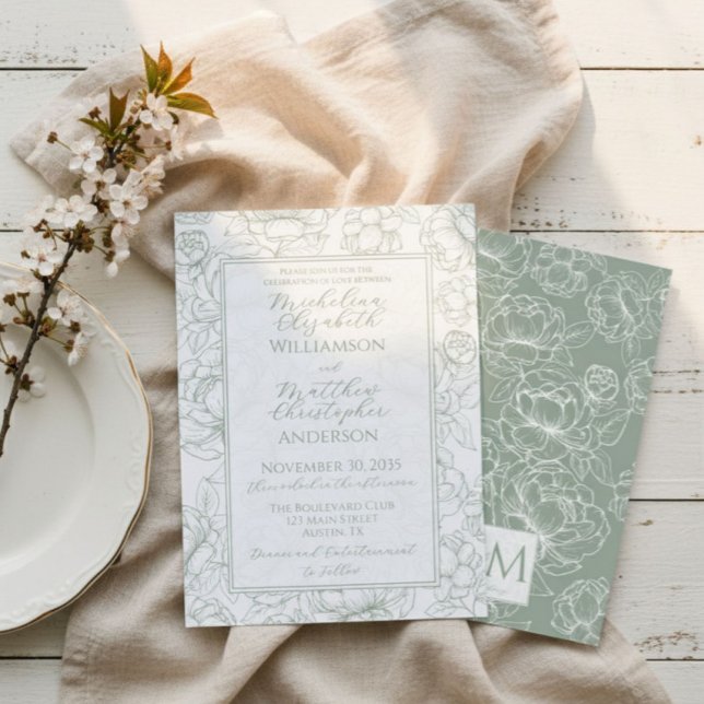 Elegant Sage Green Hand-Drawn Floral Wedding  Einladung (Von Creator hochgeladen)