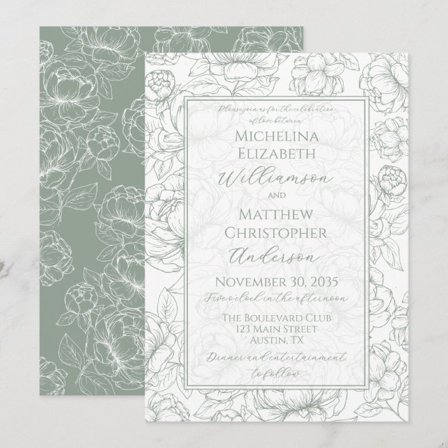 Elegant Sage Green Hand-Drawn Floral Wedding  Invi Einladung (Vorne/Hinten)