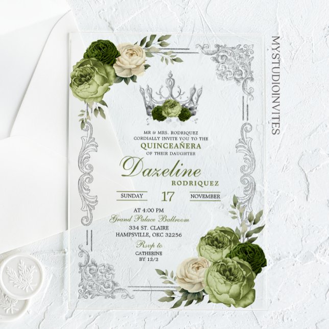 Elegant Sage Green Ivory Crown Quinceanera Acryleinladungen (Von Creator hochgeladen)