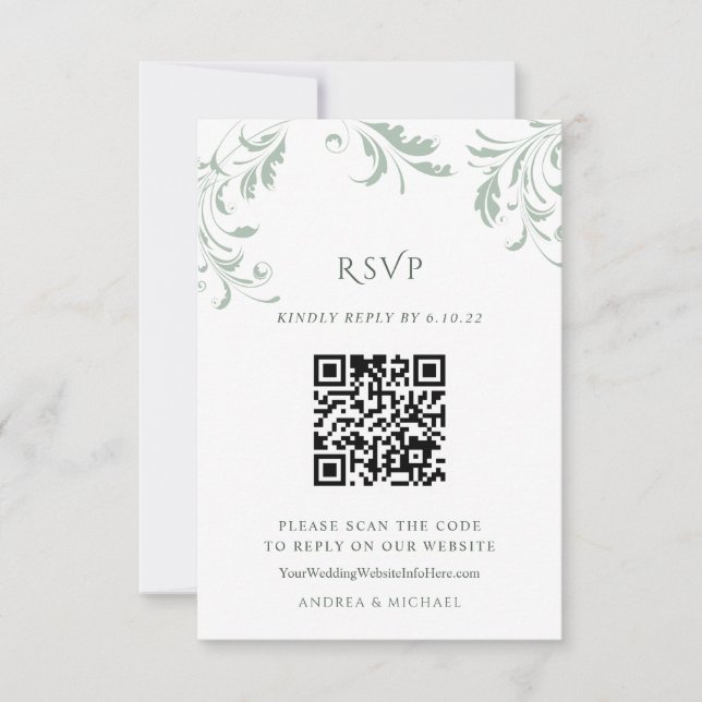 Elegant Sage Green Mariage QR Code Réponse en lign (Devant)
