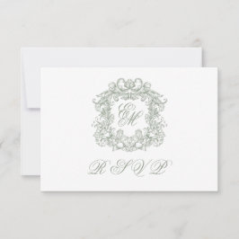 Elegant Sage Green Monogram Crest Meals Wedding RSVP Karte