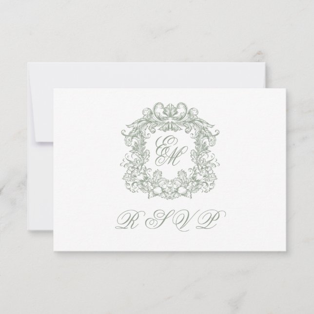 Elegant Sage Green Monogram Crest Meals Wedding RSVP Karte (Vorderseite)