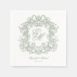 Elegant Sage Green Monogram Crest Script Wedding Serviette
