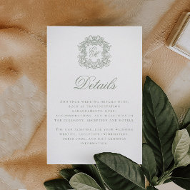 Elegant Sage Green Monogram Crest Wedding Details Begleitkarte
