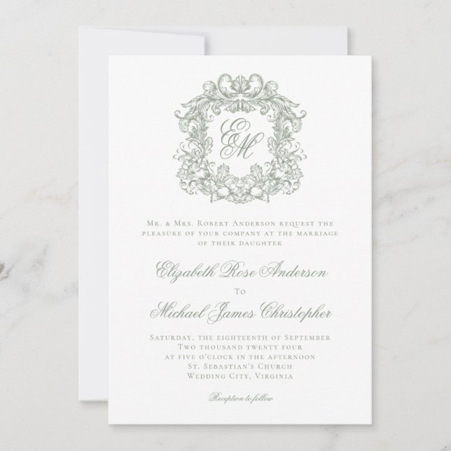 Elegant Sage Green Monogram Wedding Crest Einladung (Vorderseite)