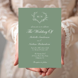 Elegant Sage Green Monogram Wedding Einladung