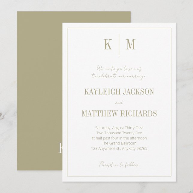 Elegant Sage Green Monogram Wedding  Einladung (Vorne/Hinten)