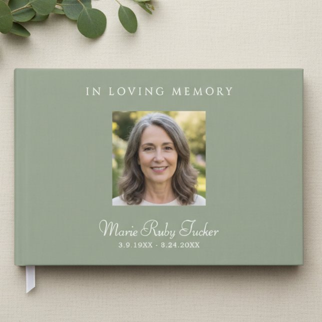 Elegant Sage Green Photo In Loving Memory Funeral Gästebuch (Elegant Sage Green Funeral Sign In Guest Book)