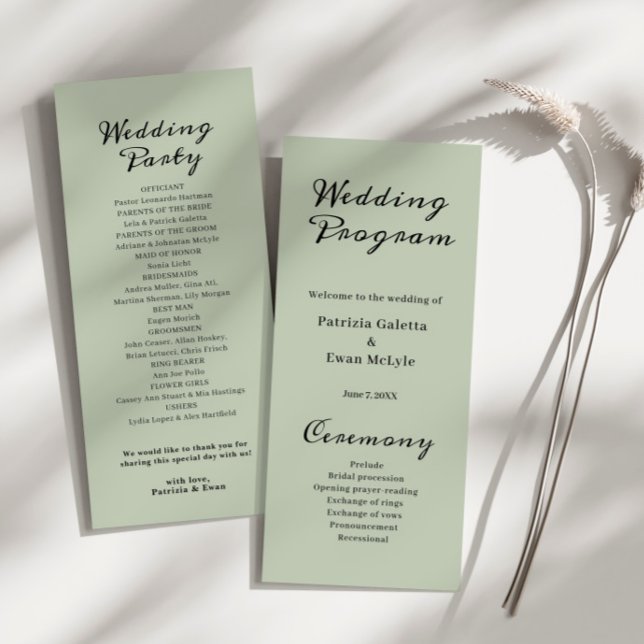 Elégant Sage Green Plat Wedding programme (Créateur téléchargé)