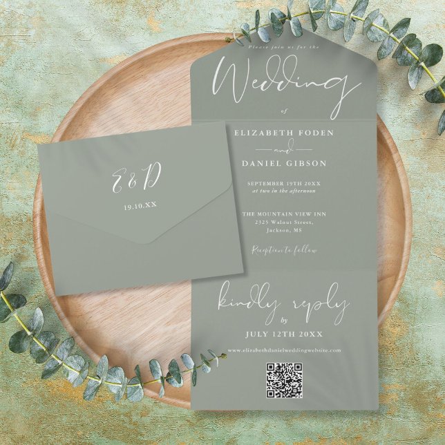 Elegant Sage Green QR Code Monogram Wedding All In One Einladung (Elegant Sage Green QR Code Monogram Wedding All In One Invitation)
