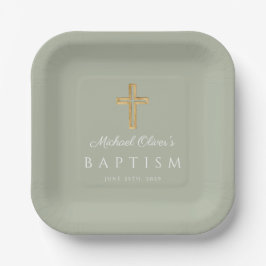 Elegant Sage Green Religious Cross Baptism Pappteller