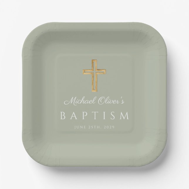 Elegant Sage Green Religious Cross Baptism Pappteller (Vorderseite)