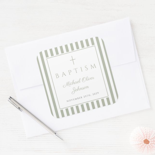 Elegant Sage Green Religious Cross Baptism Quadratischer Aufkleber (Umschlag)