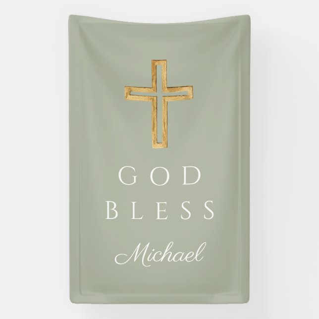 Elegant Sage Green Religious Cross God Sess Banner (Vertikal)