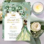 Elegant Sage Green Rose Blumensaft 16 Party Folieneinladung<br><div class="desc">Elegantes und elegantes Salbeigrün mit goldfarbenen Akzenten Blumenstrauß kombiniert mit einem gewölbten Weiß- und Goldton-Panel auf einem klaren Hintergrund "Sweet 16" Party Design. Die brünette braune bis schwarzhaarige Schönheit in einem fließenden Salbei-Ball-Kleid ist von dunkelbrauner bis schwarzer Farbe. Composite Design von Holiday Hearts Designs.</div>