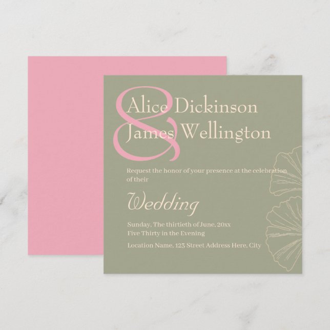 Elegant Sage Green & Rose Pink Ginkgo Wedding Einladung (Vorne/Hinten)
