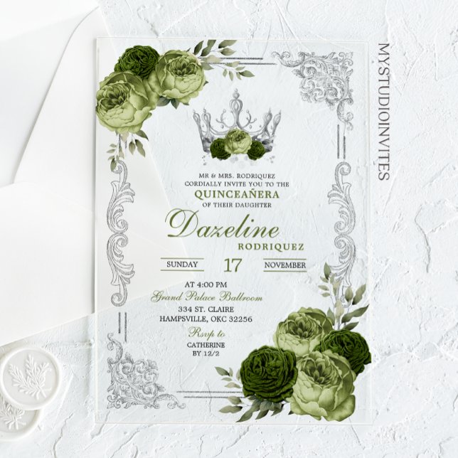 Elegant Sage Green Silver Crown Quinceanera Acryleinladungen (Von Creator hochgeladen)