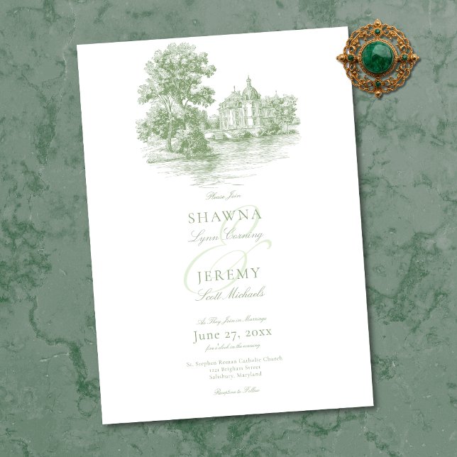 Elegant Sage Green Toile French Manor Wedding Einladung (Elegant Sage Green Toile French Manor Wedding Invitation)