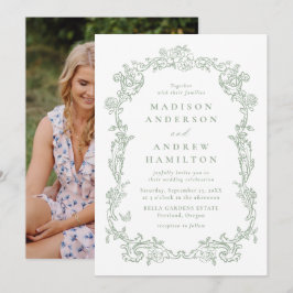 Elegant Sage Green Victorian Floral Photo Wedding Einladung
